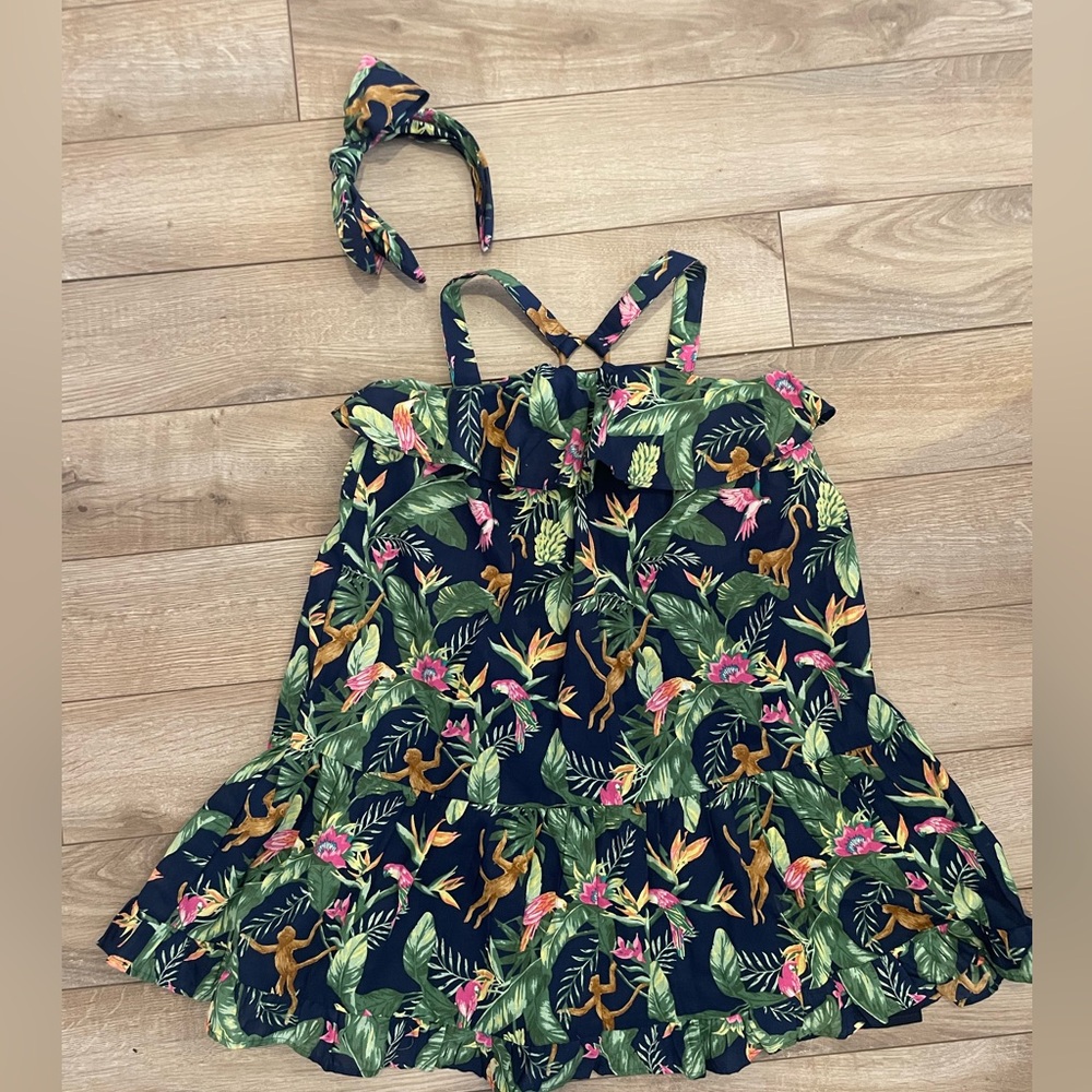 Girls Navy Blue Tropical Dress with Headband size 8